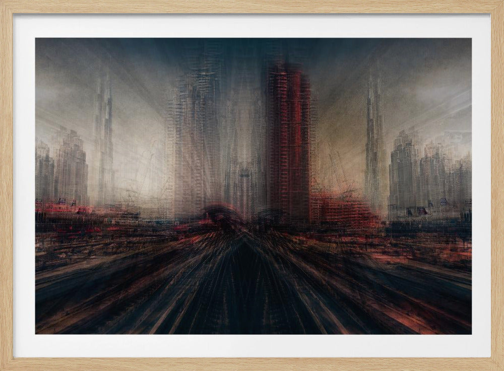An abstract, moody cityscape artwork in a silver frame. The perspective is from a low angle looking down dark, blurred tracks towards a horizon of towering, distorted skyscrapers under a dark, hazy sky. The color scheme is dominated by dark grays, blacks, and pops of intense red, creating a sense of rapid motion and a dystopian, futuristic atmosphere. Artwork