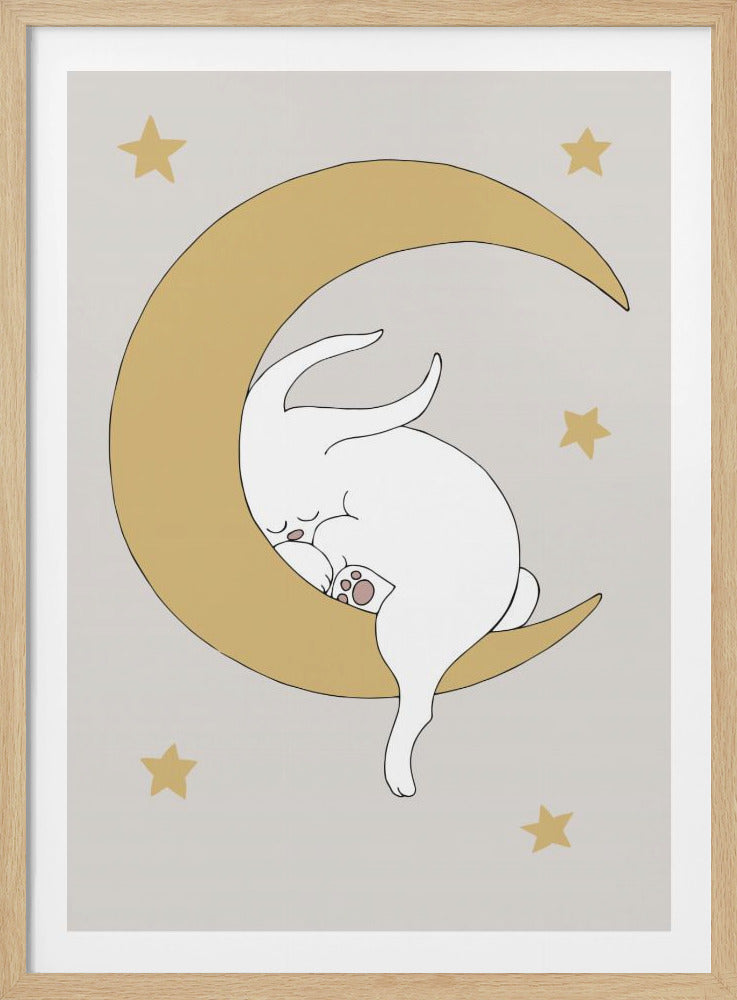 A charming illustration of a white rabbit sleeping soundly on a golden yellow crescent moon, set against a light gray background dotted with small yellow stars, all within a thin black frame. Poster