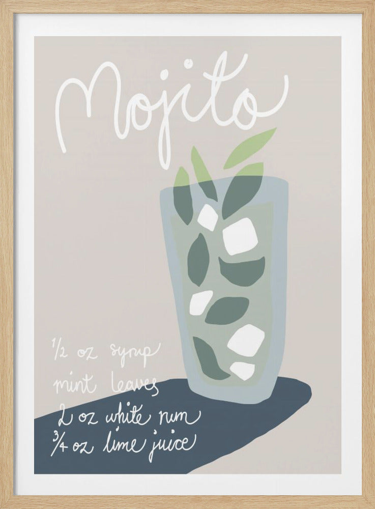 A framed art print with a minimalist illustration of a Mojito cocktail. The word 'Mojito' is written in white script at the top, with the recipe handwritten below the glass on a pale pink background. The glass is filled with abstract green mint leaves and white ice cubes, casting a dark blue shadow. Decor