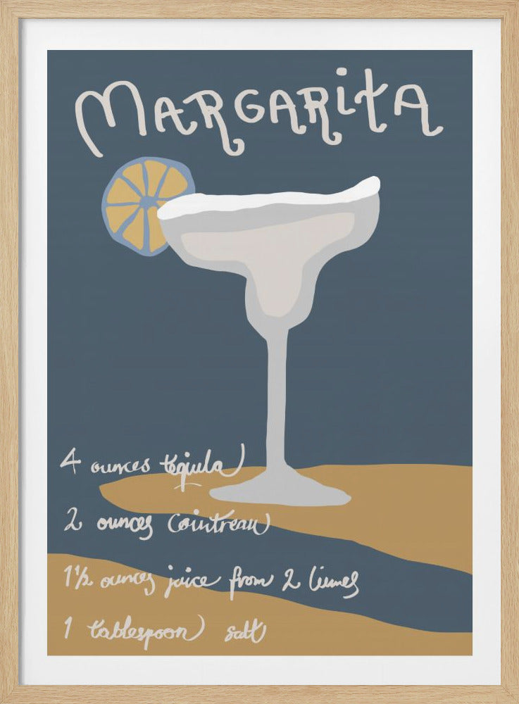 A stylized art print of a margarita recipe. The poster features a large margarita glass with a lime wedge against a dark blue background. The word 'Margarita' is written at the top, and the recipe ingredients are listed at the bottom in a handwritten font. Poster