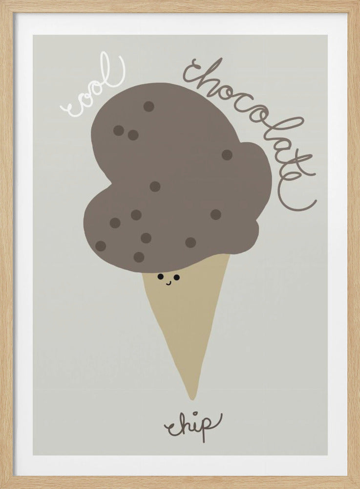 A cute illustration of a chocolate chip ice cream cone with a smiling face. The image is on a light gray background with the words 'cool chocolate chip' written in a cursive font around the cone. Artwork