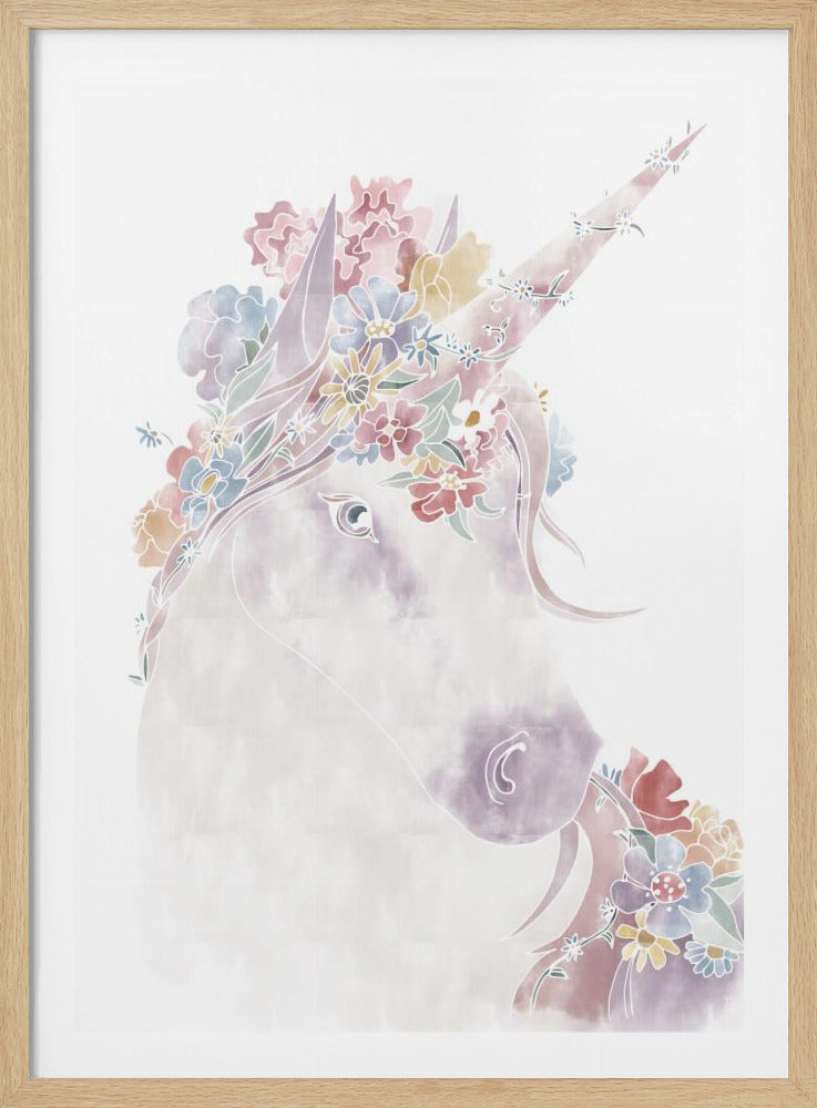 A delicate watercolor-style illustration of a unicorn's head in profile, adorned with a crown and garland of colorful pastel flowers around its horn, mane, and neck. The unicorn is rendered in soft pink and purple hues against a clean white background. Decor