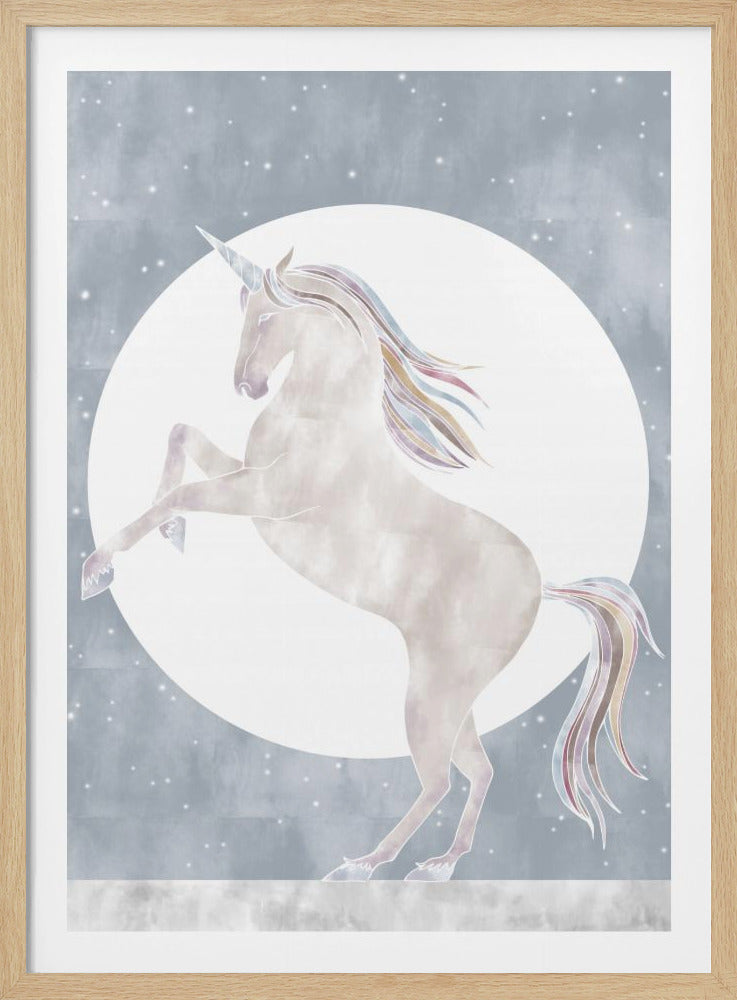 A whimsical illustration of a white unicorn rearing up on its hind legs in front of a large full moon. The unicorn's mane and tail are accented with pastel rainbow colors, set against a dusty blue, star-filled sky. Print