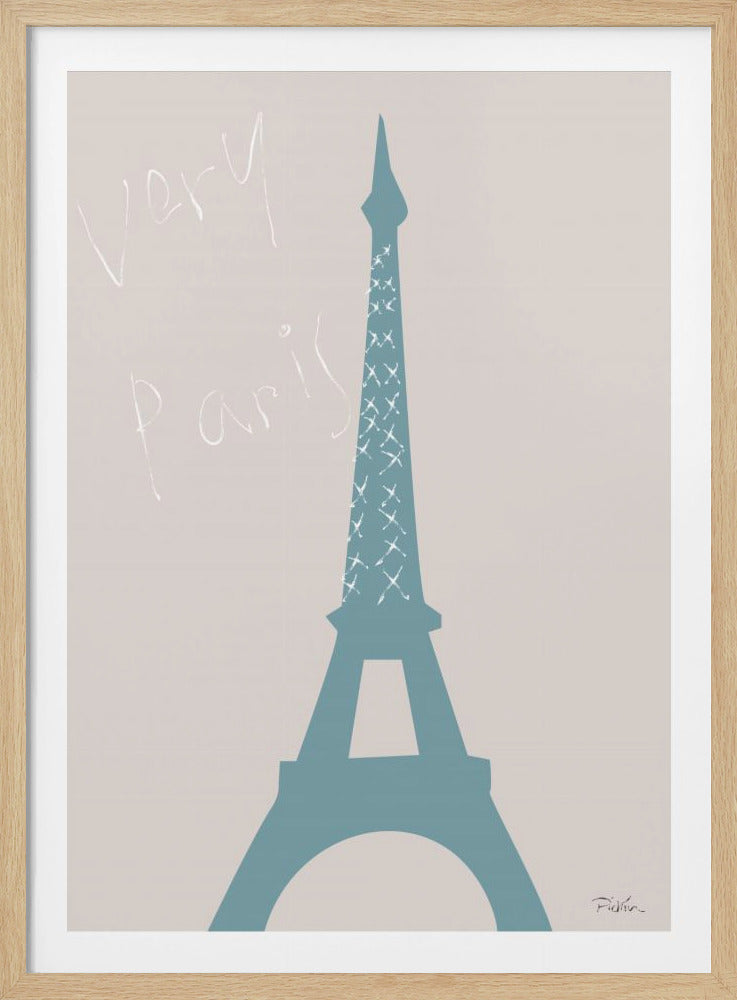 A minimalist art print featuring a dusty blue silhouette of the Eiffel Tower against a light beige background. To the left, the words 'Very Paris' are written in a casual, white script. The upper portion of the tower is adorned with a pattern of white 'x' marks. The piece is shown within a black frame. Poster