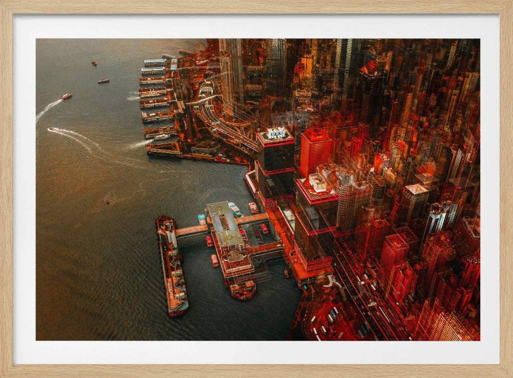 An abstract, high-angle view of a dense urban cityscape by a harbor, rendered in intense red, orange, and brown tones. The image has a double-exposure effect, creating a dynamic and somewhat chaotic vision of skyscrapers, docks, and dark water, all enclosed in a silver frame. Decor