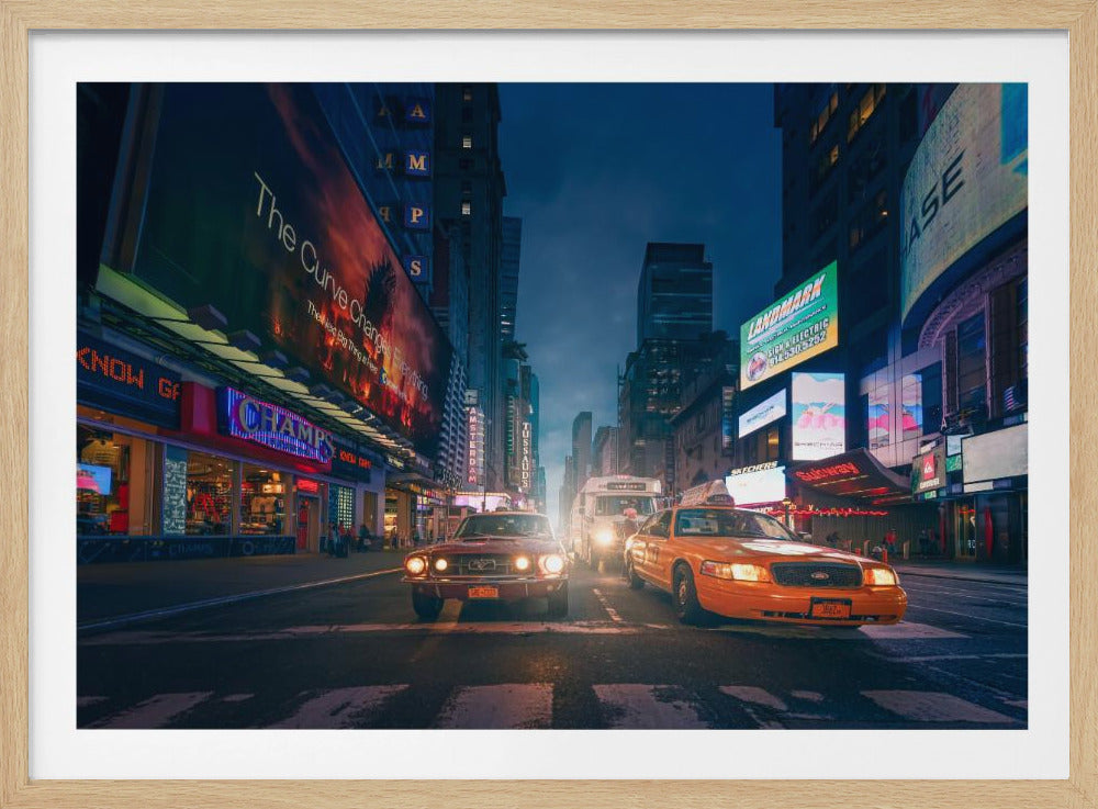 A cinematic night-time view of a busy city street, likely Times Square, with a vintage red muscle car and a yellow taxi cab side-by-side in the foreground, surrounded by towering skyscrapers and glowing neon billboards. Artwork