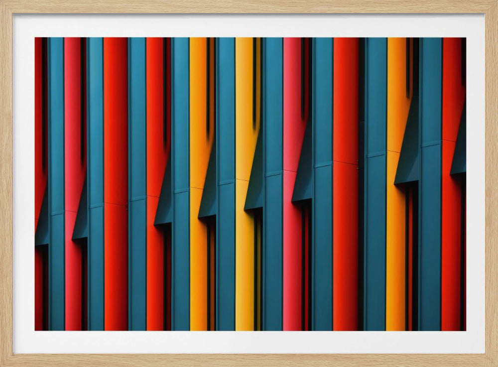 A close-up abstract photograph of a colorful modern building facade, featuring a repeating pattern of vertical fins in vibrant red, teal blue, and yellow-orange, creating a dynamic interplay of light, shadow, and geometric lines, all enclosed in a silver frame. Artwork