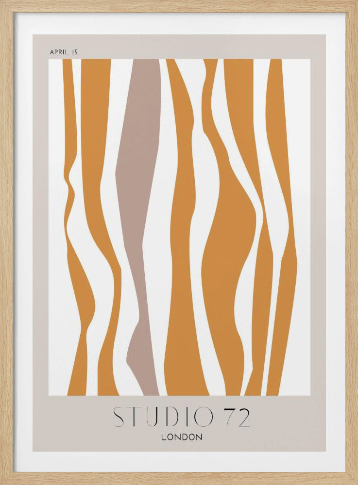 A modern abstract art print in a black frame, featuring wavy vertical stripes in mustard orange and muted mauve against an off-white background. The print has a light beige border with 'APRIL 15' at the top and 'STUDIO 72 LONDON' at the bottom. Artwork