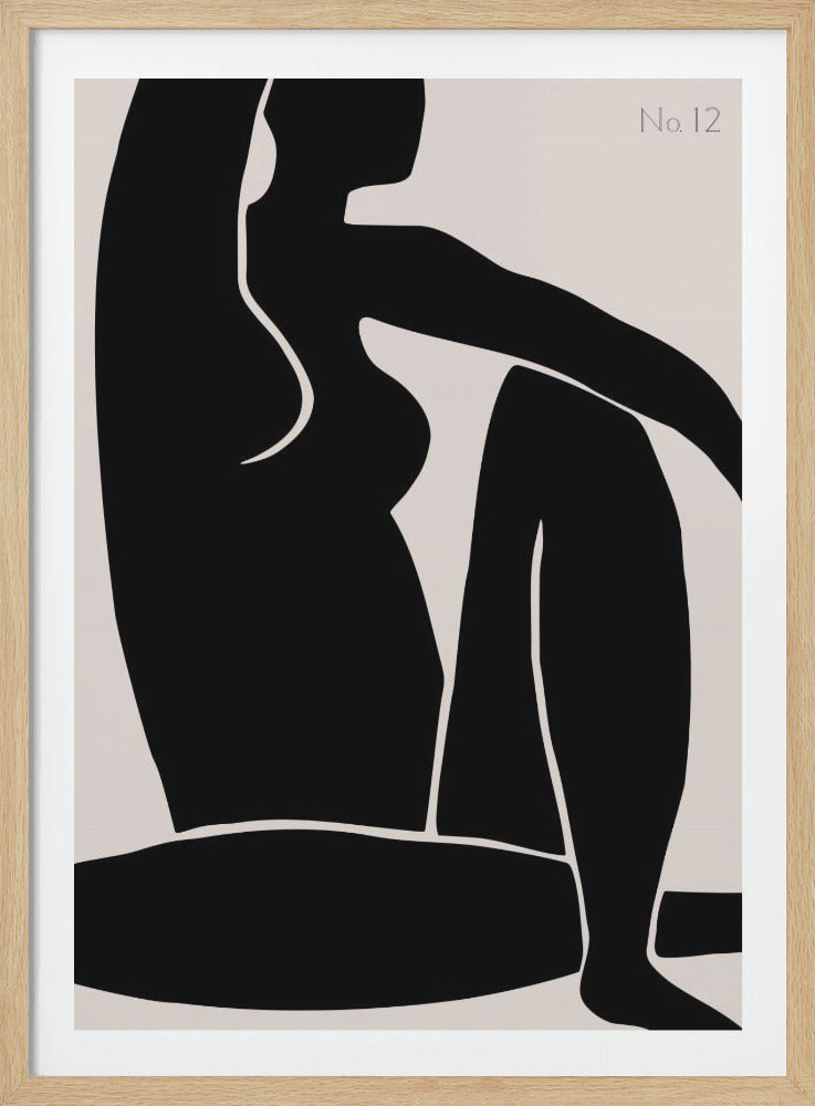 A minimalist abstract artwork in a black frame, featuring the bold black silhouette of a seated figure against a light beige background. The figure is highly stylized with clean lines and cut-out shapes, with one arm raised above their head. The text 'No. 12' is subtly printed in the top right corner. Wall Art