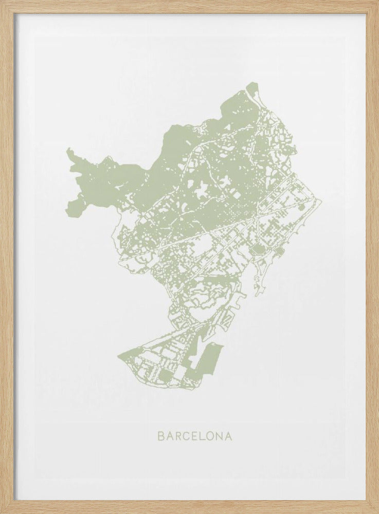 A minimalist art print of a Barcelona city map, rendered in a pale sage green on a white background. The print is framed in a simple black frame, with the city's name 'BARCELONA' typed at the bottom. Poster