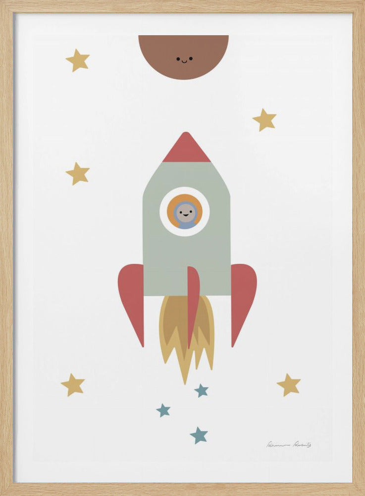 A minimalist children's illustration of a cartoon rocket ship in a black frame. The rocket is light green with a red nose cone and fins, and a smiling character is visible in the window. It is blasting off against a white background with yellow and blue stars and a smiling brown planet at the top. Print