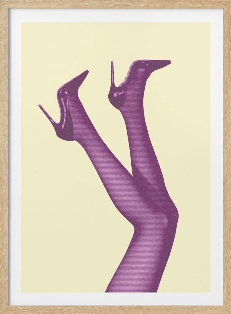 A pop art style print of a pair of woman's legs kicked up in the air, wearing sheer purple stockings and matching patent leather stiletto heels, set against a plain cream-colored background and framed in black. Print