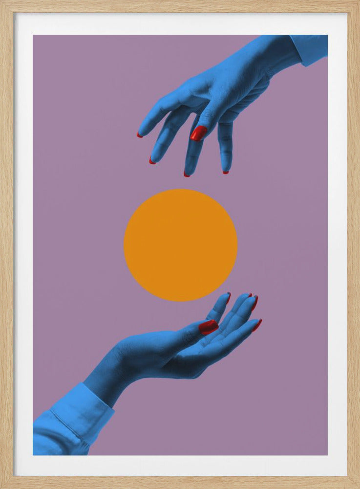 A surrealist art print featuring two hands with blue skin and vibrant red nail polish. One hand reaches down from the top, and the other is upturned at the bottom, cupping a bright orange circle between them against a mauve background. Wall Art
