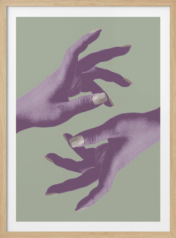 A minimalist art print featuring two purple hands rendered in an engraved, linear style against a solid sage green background. The hands have light gray fingernails and are positioned as if reaching for one another, creating a sense of gentle movement or connection. The piece is enclosed in a thin black frame. Poster