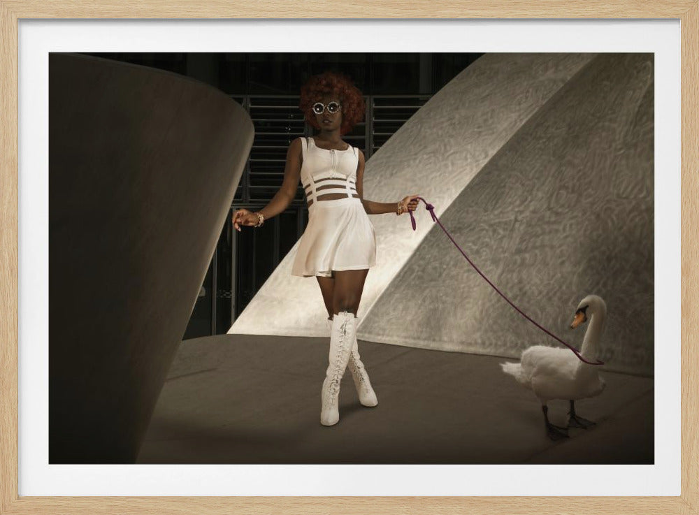 A stylish Black woman with a red afro, wearing a white cut-out dress, round sunglasses, and white knee-high boots, holds a purple leash attached to a white swan as they walk through a modern architectural setting with dramatic lighting. Wall Art