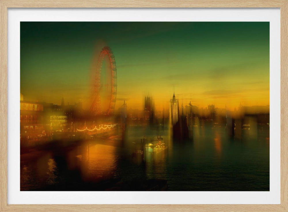 A dreamlike, blurred photograph of the London skyline at dusk, with the glowing orange London Eye on the left and the hazy silhouette of the Houses of Parliament across the River Thames. The sky shifts from a deep green to a warm golden yellow, and the city's lights cast shimmering reflections on the water. Decor