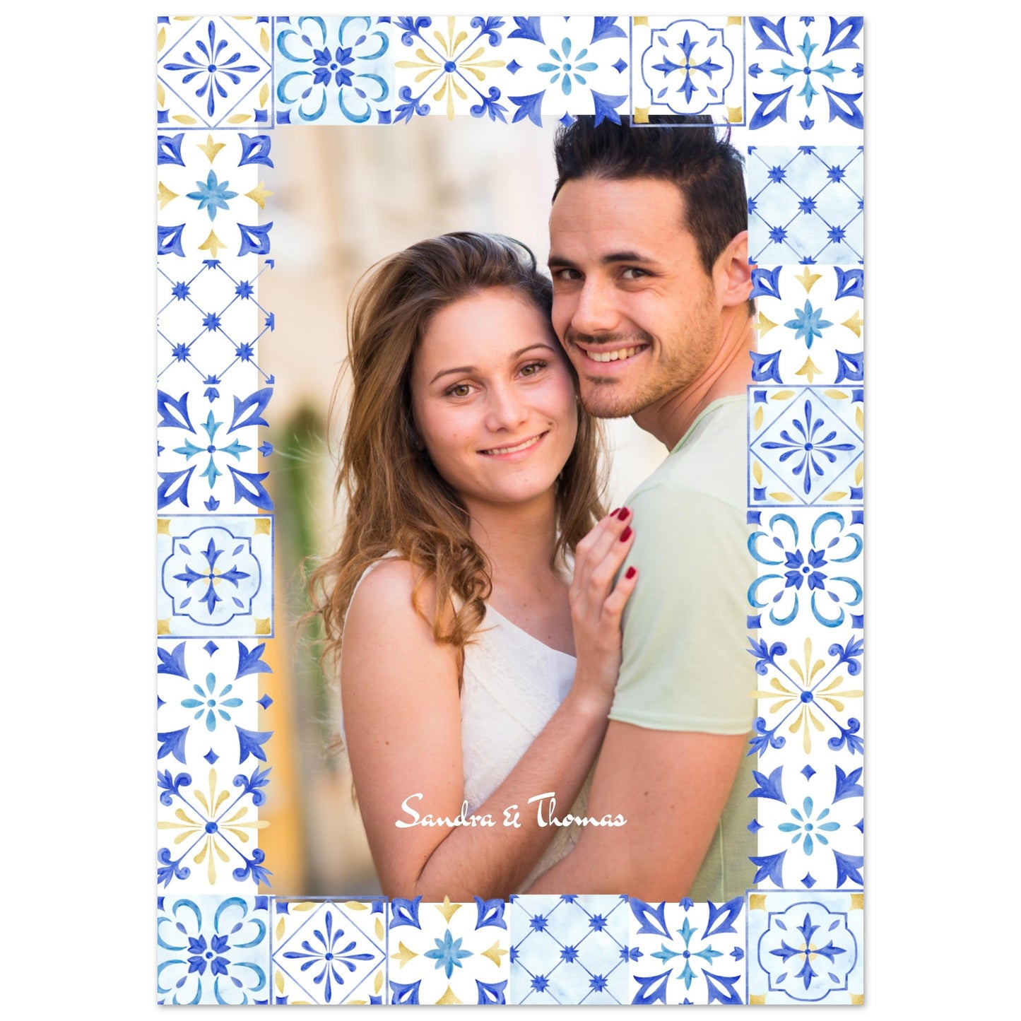 A personalized photo of a smiling couple, Sandra and Thomas, framed by a border of blue and yellow watercolor Mediterranean-style tiles. Decor