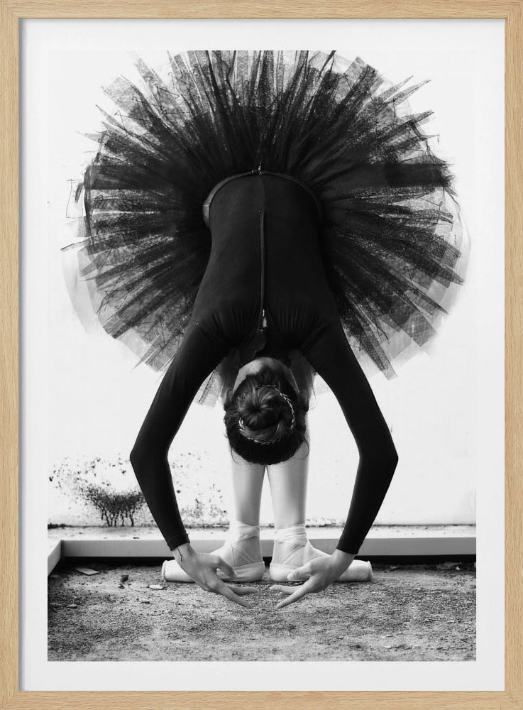 A striking black and white photograph of a ballerina in a deep forward bend. Her body is clad in a black leotard and white tights, with a voluminous black tutu fanning out vertically behind her. Her hair is tied in a bun, and her hands gracefully reach towards her feet, which are in white pointe shoes. Artwork