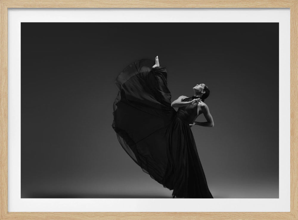 A dramatic black and white photograph of a graceful female dancer in a flowing black gown. She performs an impressive high kick, her leg extended vertically, as the fabric of her dress swirls around her against a gray background, all within a silver frame. Poster