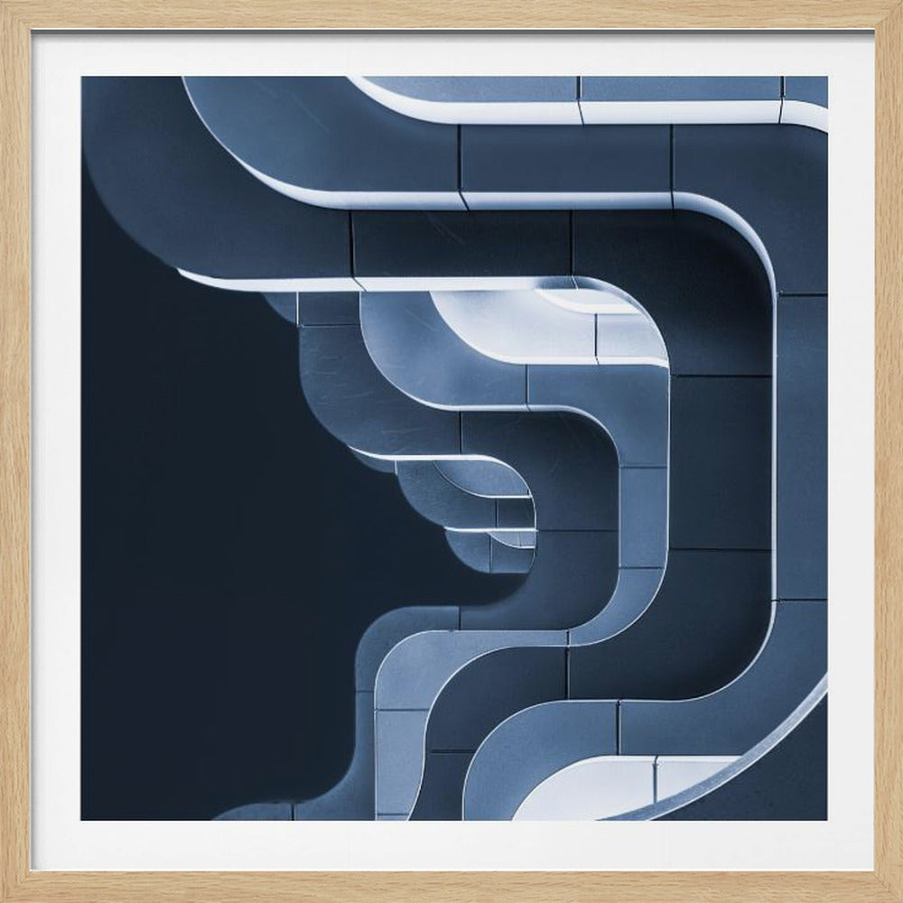 Framed abstract artwork depicting a close-up of layered, glowing blue and white curves against a dark, tiled background, evoking a futuristic architectural detail. Decor