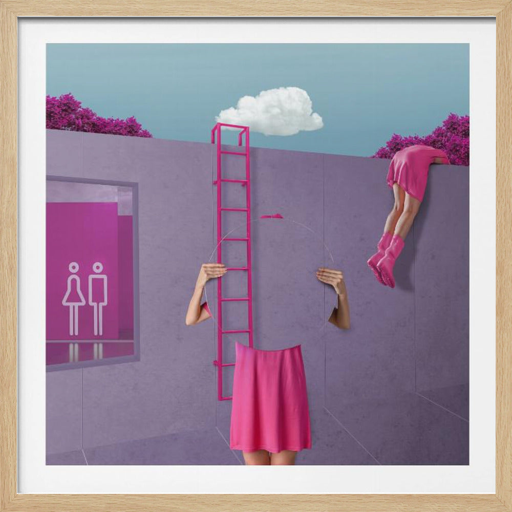 A surreal digital collage featuring figures in pink attire against a purple wall under a blue sky. In the center, a person in a pink skirt holds a transparent circle, making their torso invisible. To the right, another person in a pink dress and boots is climbing over the wall. A pink ladder stands against the wall, and a restroom sign is visible on the left. Wall Art