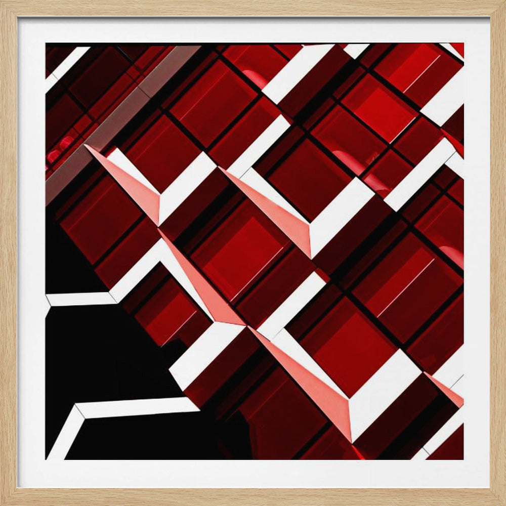 A close-up, angular photograph of a modern building's facade, framed in light wood. The composition is a dynamic geometric pattern of glossy red square panels, stark white lines, and deep black shadows, creating a sense of depth and abstract complexity. Wall Art