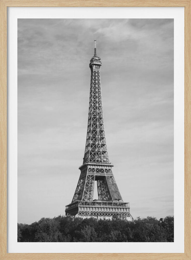 A vertical, black and white photograph of the Eiffel Tower in Paris. The iconic landmark is centered in the frame, rising above a dark treeline at the bottom, against a bright, cloudy sky. The entire image is enclosed in a thin black border. Print