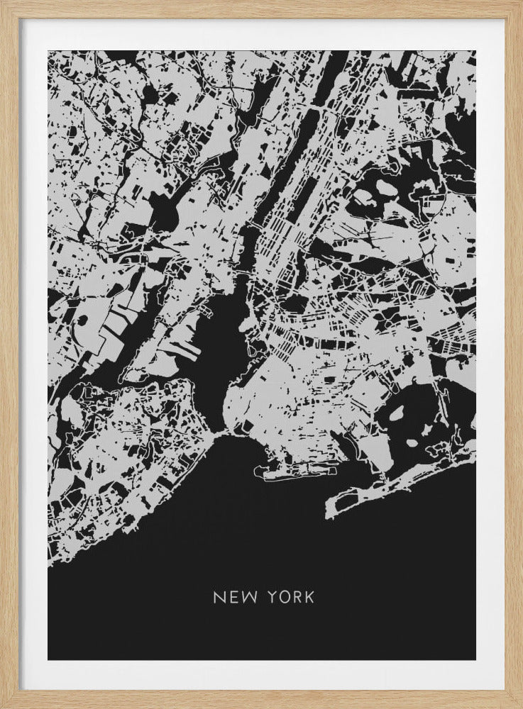 A minimalist, high-contrast map of New York City in a black frame. The land is depicted in a light gray against a solid black background representing the water, with the text 'NEW YORK' in a simple white font at the bottom. Print
