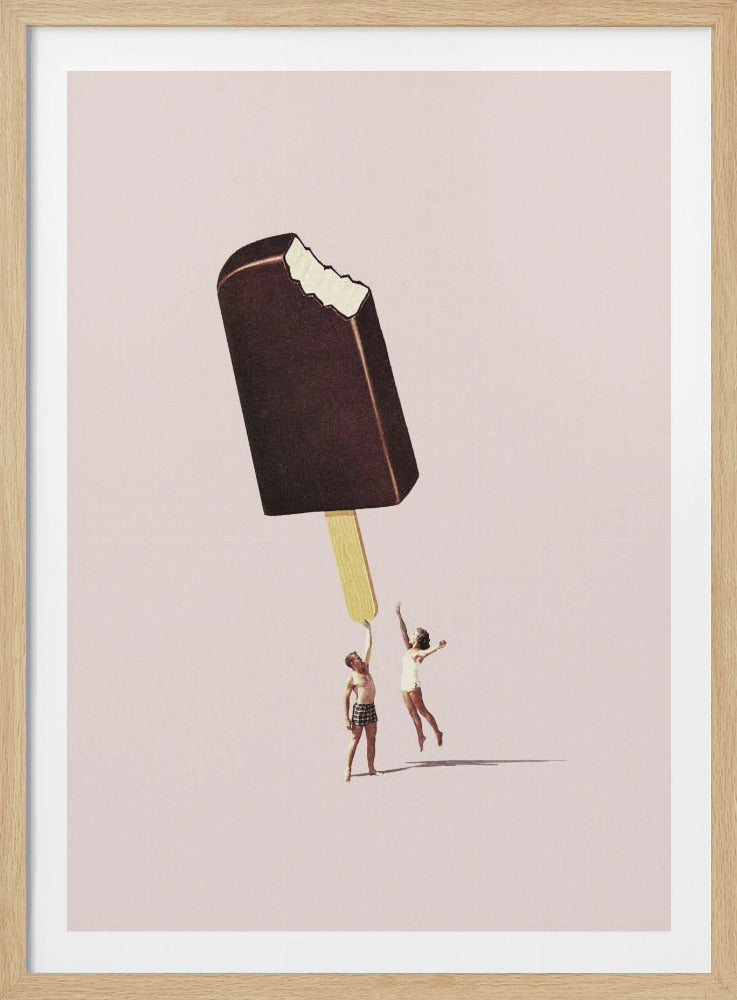 A surreal collage art piece featuring two tiny, vintage-style people in swimwear holding up a giant chocolate ice cream bar with a bite taken out of it against a plain pale pink background. Poster