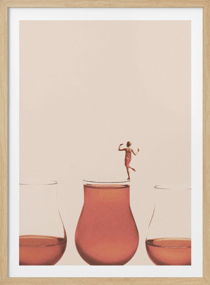 A minimalist and surreal art piece featuring a tiny woman in a pink dress dancing on the rim of a large glass filled with a pink liquid. The scene is set against a plain cream background with two other glasses partially visible. Artwork