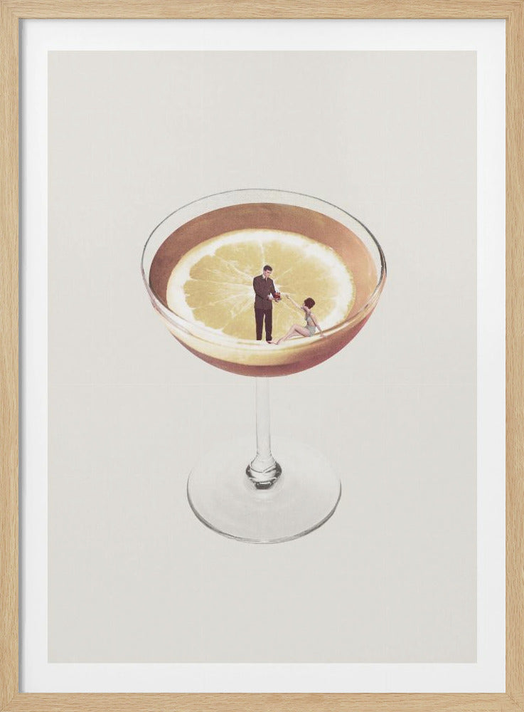 A surreal collage art print featuring a cocktail in a coupe glass against a neutral background. Floating in the drink is a large lemon slice, upon which stand two miniature vintage figures: a man in a suit serving a drink to a reclining woman in a swimsuit. Wall Art