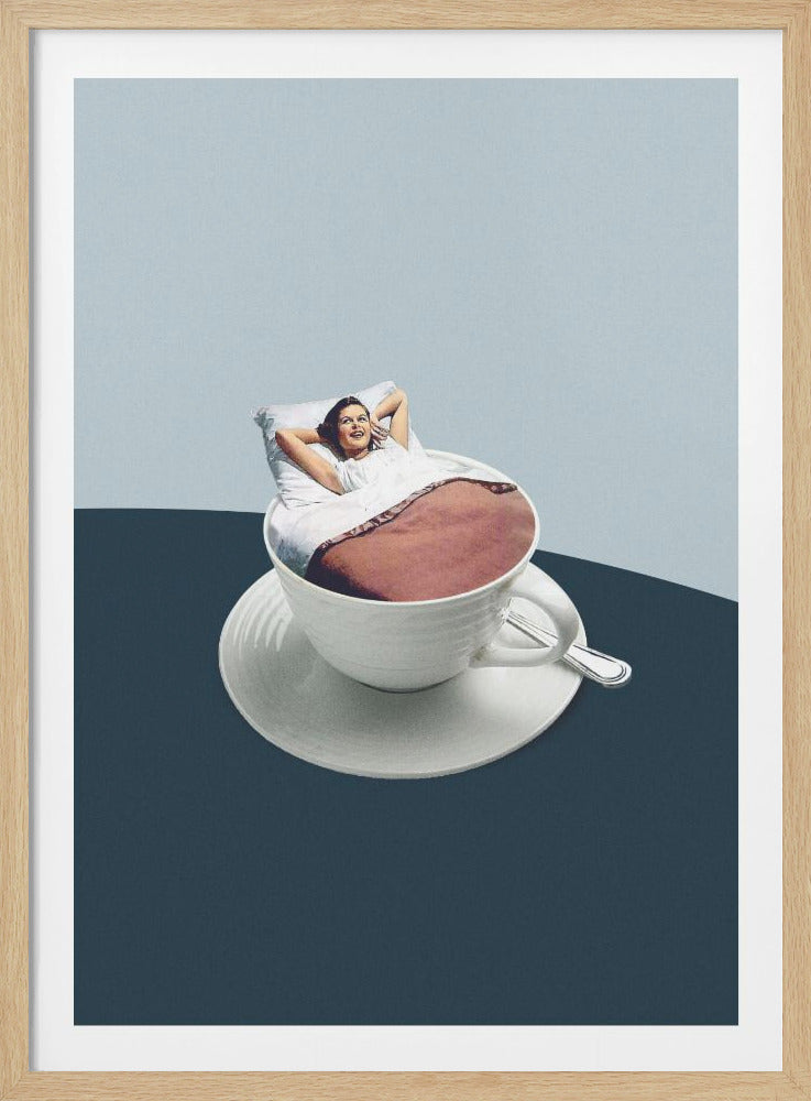 A surreal collage featuring a smiling woman in a white nightgown lounging in a bed that is actually a white coffee cup filled with brown liquid. The cup is on a saucer on a dark blue surface, with a light blue background. Poster