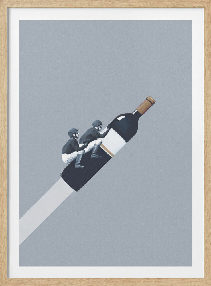A surreal collage artwork showing two jockeys in black and white riding a large wine bottle like a rocket across a solid grey background, with a white trail streaming from the bottom of the bottle. Poster