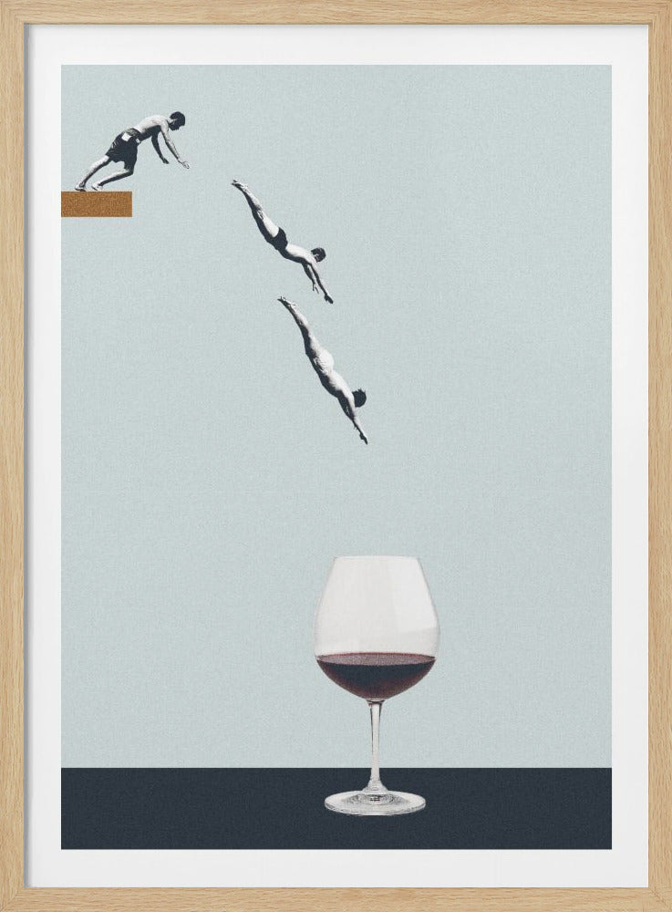 A surrealist collage depicting three male figures in black and white diving in sequence from a tan diving board. They appear to be diving towards a glass of red wine that sits in the foreground on a dark gray surface, all against a pale blue background. Print