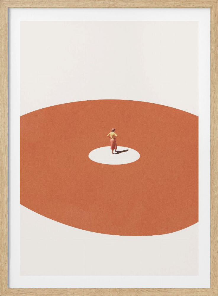 A minimalist abstract artwork featuring a tiny person standing in a small white circle, which acts as a spotlight. The circle is set within a large, sweeping terracotta-colored shape that fills most of the frame against an off-white background. The person is viewed from a distance, creating a sense of scale and solitude. Decor