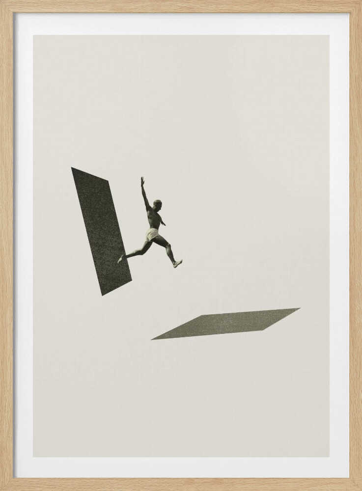 Vintage black and white collage of a person leaping between two geometric shapes.