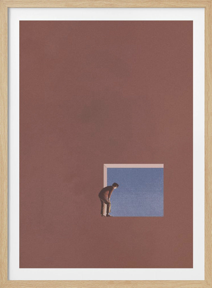 A minimalist abstract artwork with a large, textured brown background. In the lower right, a square cutout reveals a blue, grainy sky. A small figure of a person wearing a face mask is perched on the edge of the square, bent over and looking down into the blue space. The entire image is presented within a simple black frame. Artwork