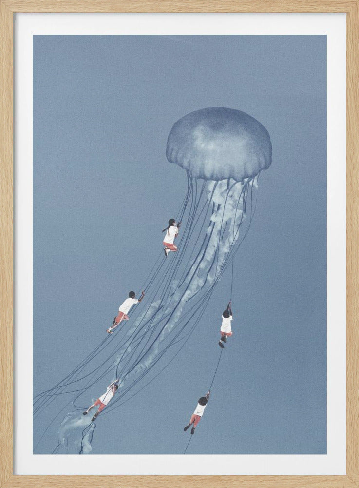 A surrealist digital artwork showing five children climbing the long tentacles of a giant, translucent jellyfish as it floats through a solid blue sky, evoking a sense of dreamlike adventure. Decor