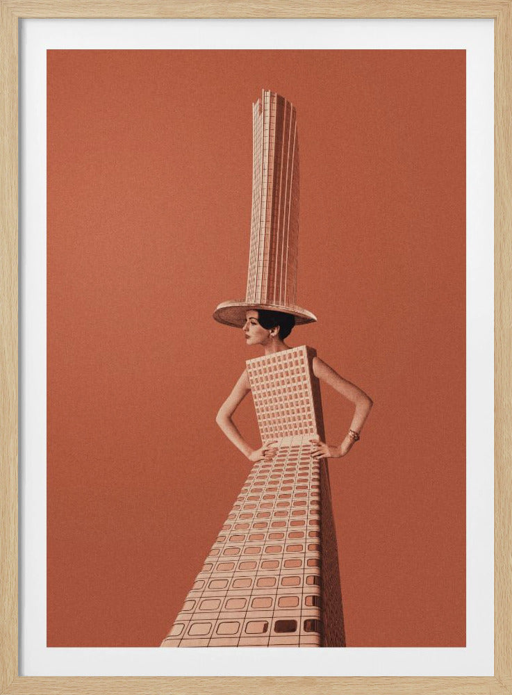 A surrealist collage featuring a woman whose dress and hat are made from a skyscraper, posing with hands on her hips against a grainy orange background within a black frame. Artwork