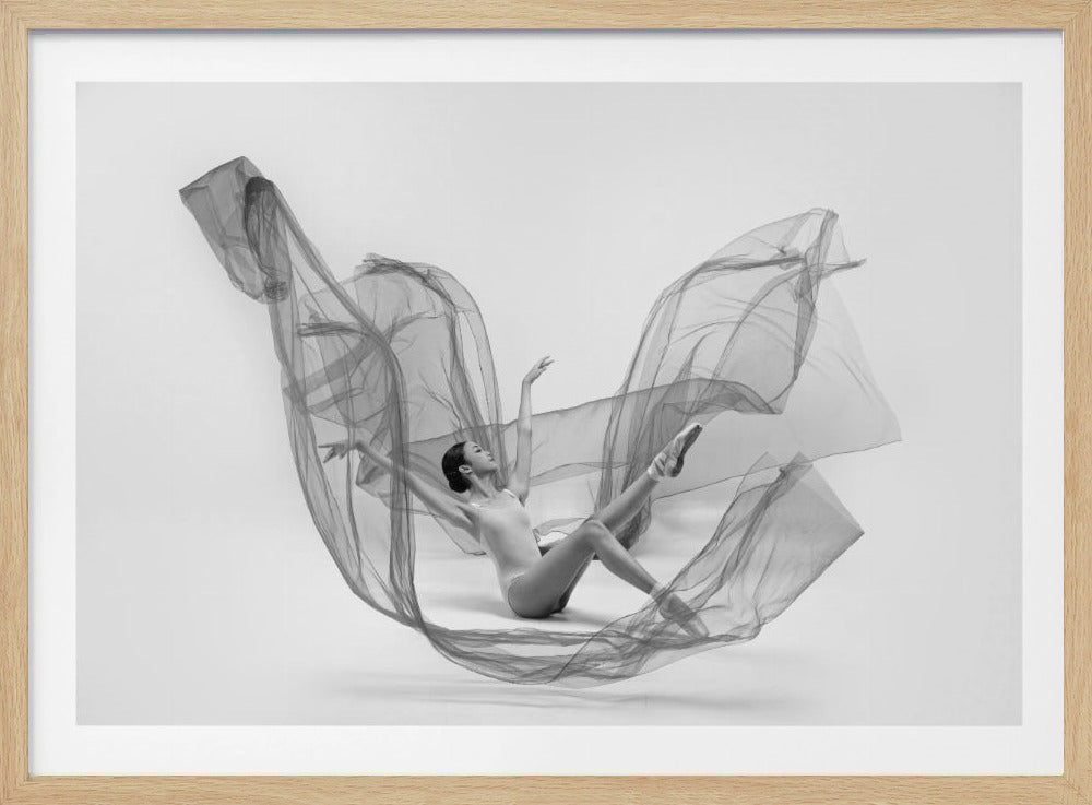 A framed, black and white photograph of a ballerina posing elegantly on the floor, surrounded by a large, flowing piece of sheer, dark fabric that creates a sense of dynamic movement against a plain white background. Artwork