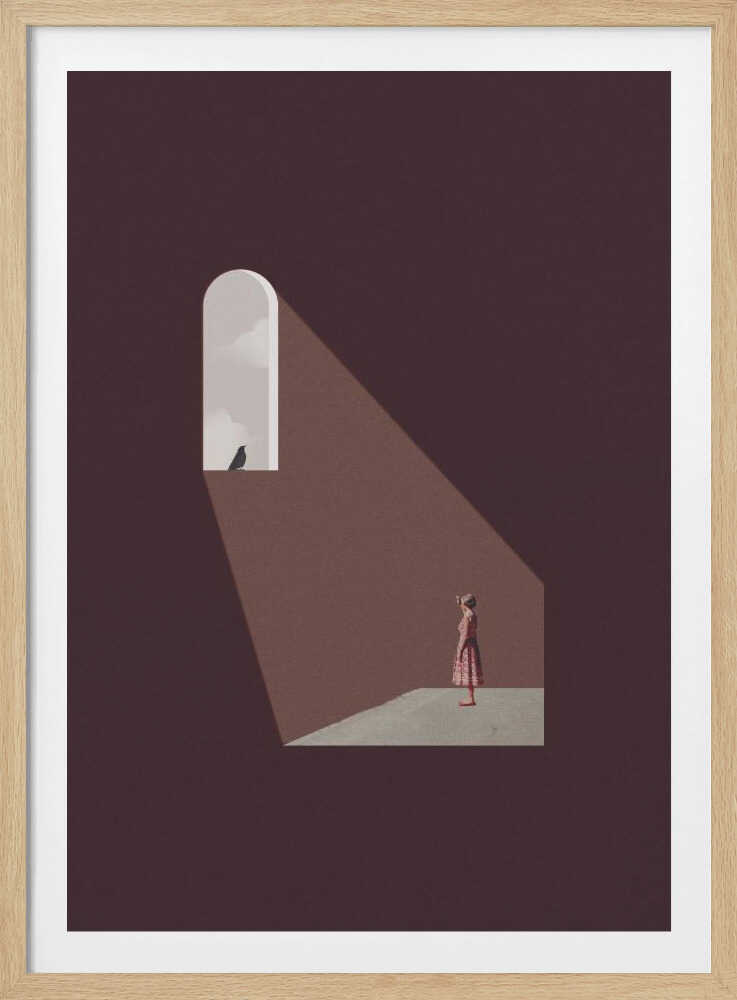 Minimalist art of a woman in a dark room, standing in a beam of light from an arched window with a bird.
