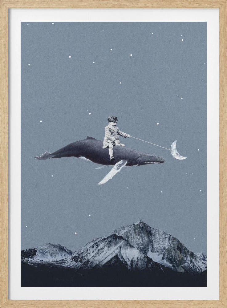A surrealist collage depicting a young boy in vintage attire riding a large whale through a starry night sky. He holds a stick with a crescent moon dangling in front of the whale, guiding it over a range of snow-capped mountains. Artwork
