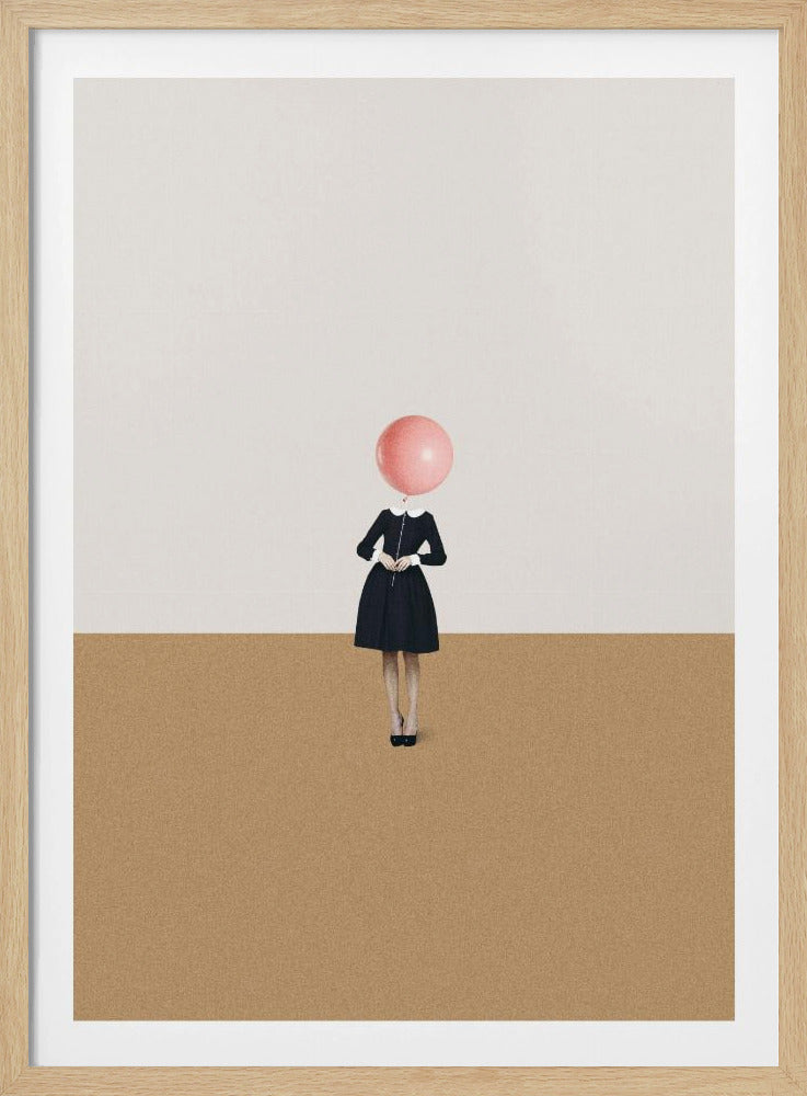 A surrealist artwork of a woman in a black dress, whose head is replaced by a pink balloon. She stands against a background horizontally divided into off-white on top and sandy brown on the bottom. Print
