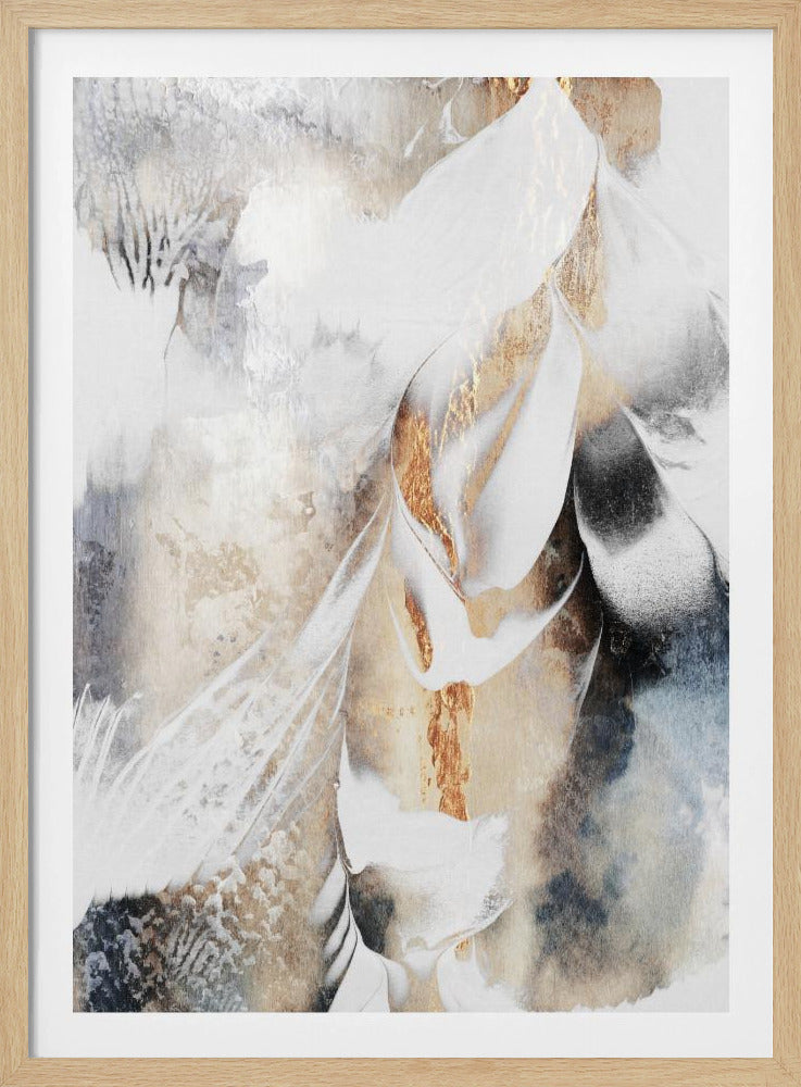 An abstract painting in a black frame, featuring a dynamic composition of flowing white, grey, and beige shapes. Striking veins of metallic gold run through the center, adding texture and a touch of luxury to the piece. Decor