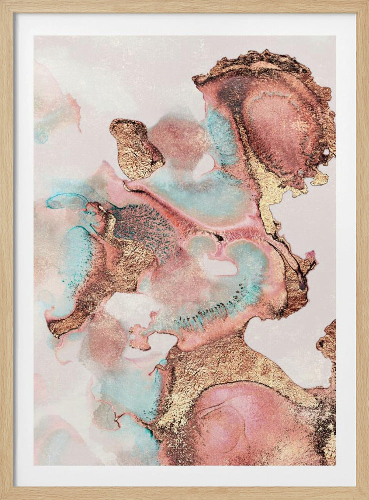 An abstract painting in a black frame, featuring flowing shapes of blush pink and light turquoise ink, heavily accented with textured, metallic gold leaf that creates a shimmering, luxurious effect. Poster