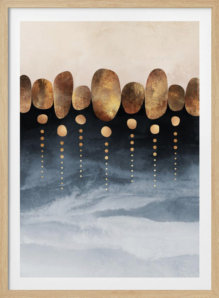A modern abstract painting with a layered composition. At the top is a row of metallic gold and brown organic, stone-like shapes against a dark blue and black background. Below each shape, a vertical line of golden dots descends into a painterly, textured wash of muted blue and grey. Wall Art