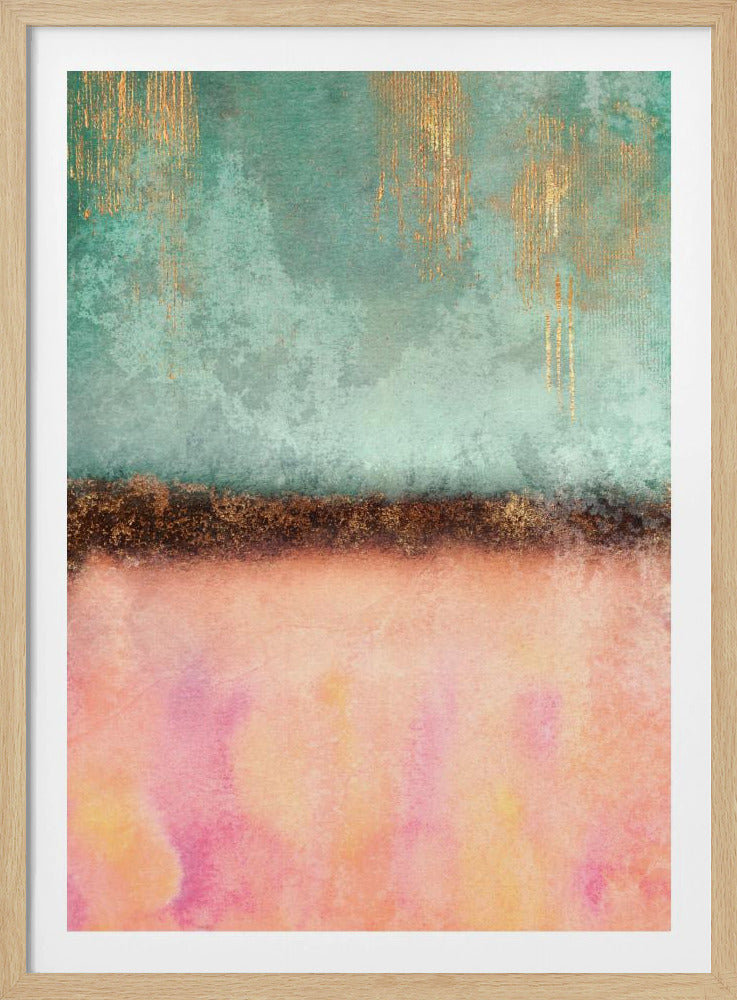 An abstract vertical painting in a black frame. The composition is split horizontally, with a textured teal top section featuring dripping gold foil accents, and a soft watercolor bottom section in shades of pink and peach. A dark, textured bronze band divides the two sections. Print