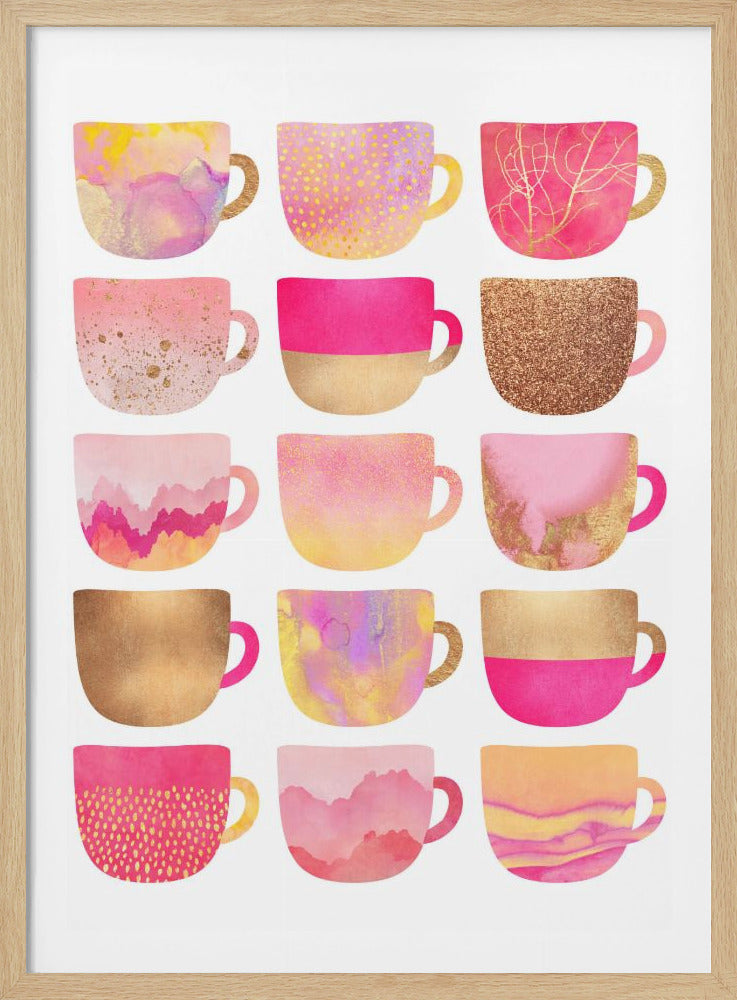 A grid of fifteen artistically designed coffee cups in shades of pink, gold, and yellow against a white background. Each cup has a unique pattern, including watercolor washes, gold foil, glitter, and polka dots, all framed in black. Artwork
