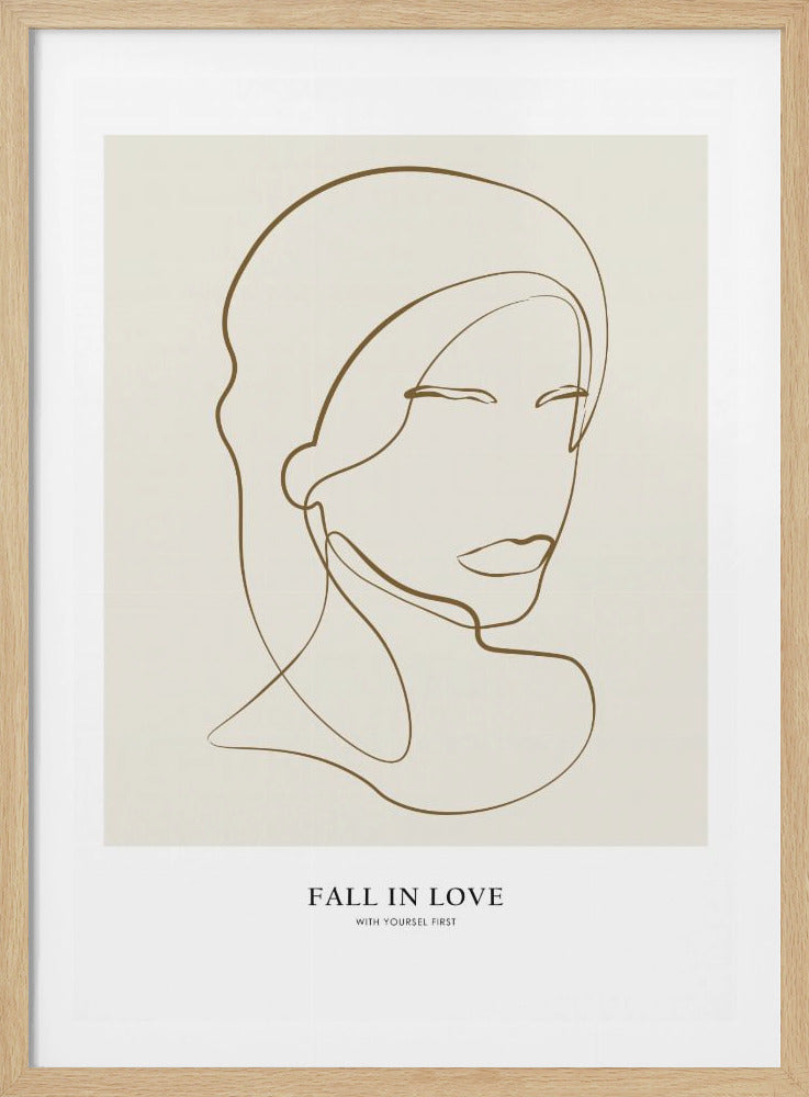 A minimalist artwork in a black frame featuring a continuous brown line drawing of a woman's serene face on a beige background. Below the drawing, the text reads 'FALL IN LOVE WITH YOURSELF FIRST'. Wall Art