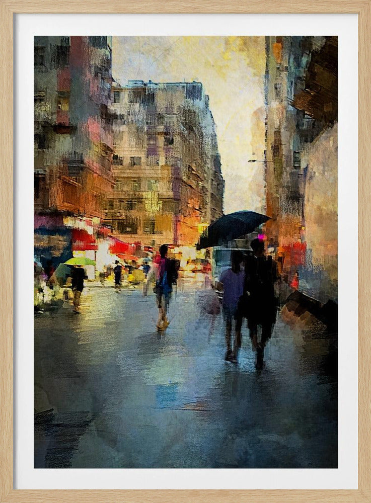 An impressionistic painting of a bustling city street on a rainy day. The wet pavement reflects the warm, glowing lights from the tall buildings that line the narrow street. Blurred figures of people walk with umbrellas, creating a sense of movement and atmosphere. Print